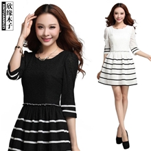 2013秋装新款韩版中袖黑白条纹拼接裙时尚性感蕾丝连衣裙58150