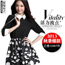 2013秋装新款清雅黑白拼接裙韩版收腰波点中袖时尚连衣裙98015