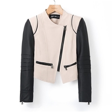 2013新款欧美风撞色休闲斜拉链夹克PU皮袖拼接外套女秋装批发