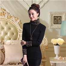 2013秋冬新款黑打底衫短款针织衫长袖高领修身蕾丝羊毛衫打底衫