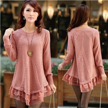 2013新款秋冬装韩版宽松时尚蕾丝毛衣中长款女士羊毛打底针织衫