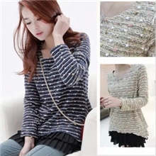 2013年彩色毛毛球圆领长袖宽松女假两件雪纺宽松雪花拼接线衫