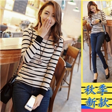 工厂直销全网最低价女式韩版修身长袖纯棉条纹打底衫T恤批发