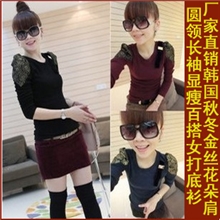 厂家直销韩国女装秋冬金丝花朵肩圆领长袖显瘦百搭女打底衫