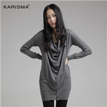 2013秋季外套新款原创品牌堆领排扣中长款针织开衫羊毛衫