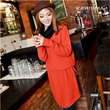 2013秋冬圆领长袖长款毛衣裙圆弧下摆长款毛衣连衣裙系带修身