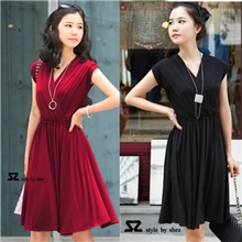 月销千件!韩国SZ韩版收腰大摆V领短袖连衣裙红色连衣裙礼服女5282