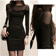 秋季新款韩国品牌女装修身ol长袖连衣裙时尚黑色透视中裙1246