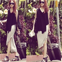 韩国SZ不规则开叉下摆背心长裙韩版无袖连衣裙罩衫两件套3343