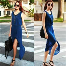 韩国SZ欧美大牌原单蓝色连衣裙夏季两件套开叉雪纺背心长裙3357