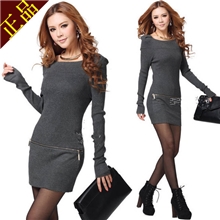 特价2013秋装新款通勤女装修身连衣裙长袖针织打底裙毛衣裙中长款