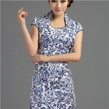 批发2013最新时尚改良手工盘扣短袖修身青花瓷唐装短旗袍A06-1