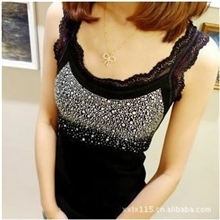 1610全棉花边烫钻纯色百搭吊带背心打底衫背心