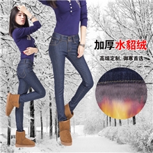 2013秋冬新品排扣中腰加绒牛仔裤女紧身显瘦小脚裤大码加厚牛仔裤