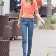 秋冬新款韩版双排扣牛仔裤女潮小脚裤子修身铅笔裤一件代发