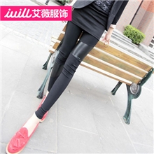 秋季新品韩版左右不规则仿皮拼接九分裤个性超酷打底裤薄款