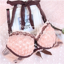 512可爱立体小玫瑰聚拢前扣美背挂脖文胸内衣套装