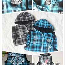 外贸原单中大童男童无袖马甲帅气格子帽衫马甲外套