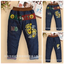 冬季童装牛仔裤中小童男童裤小脚印印花加绒加厚加棉牛仔裤批发
