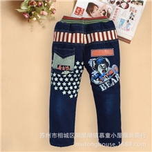 秋冬新款中小童男童摇粒绒牛仔面料熊出没光头强印花牛仔裤夹裤