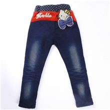 热卖2013女童秋冬款韩版修身加不倒绒牛仔裤后贴钻小花猫童裤
