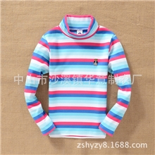 童装批发秋冬季打底大童高领t恤可爱纯棉i间条条纹长袖女童t恤