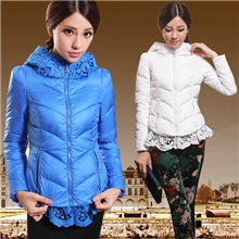 missfofo2013新款韩版潮蕾丝下摆连帽泡泡袖品牌短款女羽绒服批发