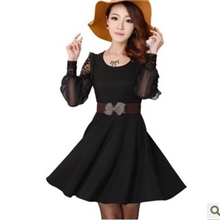最新款秋冬大码女装气质优雅蕾丝长袖连衣裙子韩版修身雪纺打底裙
