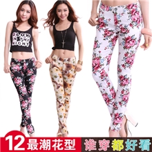 2013夏季新款时尚百搭花裤子修身显瘦碎花弹力大码小脚裤休闲裤
