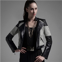厂家直销2013新品秋装女式品牌棉麻PU皮拼接短外套
