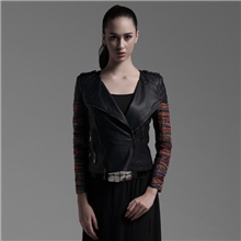 厂家批发新品秋装民族风拼接pu皮衣女短款修身品牌外套MOFFI女装