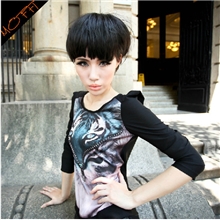 特价MOFFI新款欧美动物印花时尚女装针织耸肩长袖t恤打底衫批发