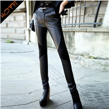 秋装新品欧美百搭pu拼接皮裤显瘦修身铅笔长裤小脚裤子女MOFFI