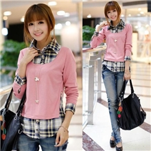 秋季女装韩版长袖衬衣假两件套格子衬衫女式长袖衬衫