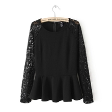 外贸原单淑女蕾丝拼接修身裙摆圆领插肩袖打底衫T恤