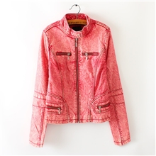 外贸原单女装洗白拉链口袋百搭长袖机车PU皮衣外套