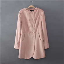 外贸原单女装修身圆领长袖双排扣口袋中长款毛呢外套