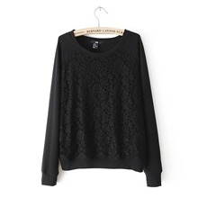 外贸原单女装蕾丝花朵拼接插肩袖长袖圆领宽松打底T恤