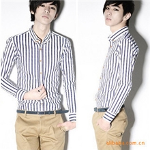 特价清仓男装亮眼搭配百搭韩版修身深蓝条纹长袖男式衬衫