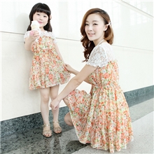 HK3212013亲子装母女装夏季新款雪纺碎花蕾丝拼接田园风连衣裙