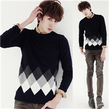 2013秋冬装新款日韩版男士毛衣男圆领套头休闲毛衣男黑色菱形线衫