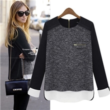 欧美站2013秋装新款长袖斓佐针织衫毛衣雪纺拼接宽松T恤上衣9833