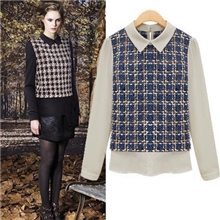 飞翔鸟春秋2013欧美女装新款雪纺英伦格仔风打底衫格长袖衬衫1701