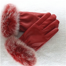 石家庄辛集手套厂家直销女士仿皮真兔毛口保暖手套pu彩色手套