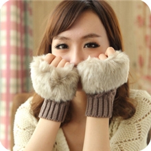 ST3秋冬女款半指手掌套针织毛线菠萝皮草仿兔毛手套保暖手套批发