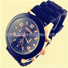 硅胶手表厂家直销爆款GENEVA手表环保硅胶玫瑰金壳热销