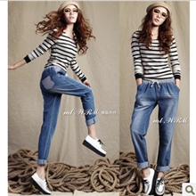 2013新款文艺松紧腰抽绳条纹拼贴哈伦牛仔裤女宽松加绒加厚