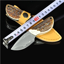 供应小直刀水果刀鹿角柄大马士革刀小Q直刀