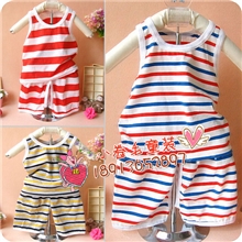 供应夏季童装宝宝背心套装条纹儿童开裆短裤童套装0.1/ST