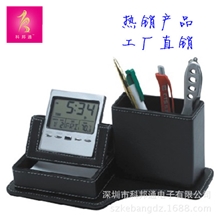 皮革万年历笔筒多功能皮制商务笔筒办公笔筒工厂订作LOGO笔筒